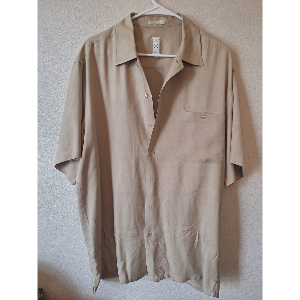 Burma Bibas Mens 100% Silk Short Sleeve Camp Shirt Tan Khaki Button Down Medium